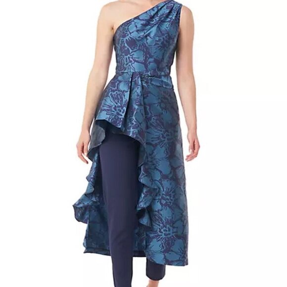 Kay Unger Baltic Blue Floral Jacquard Walk-Through Jumpsuit - Picture 2 of 3